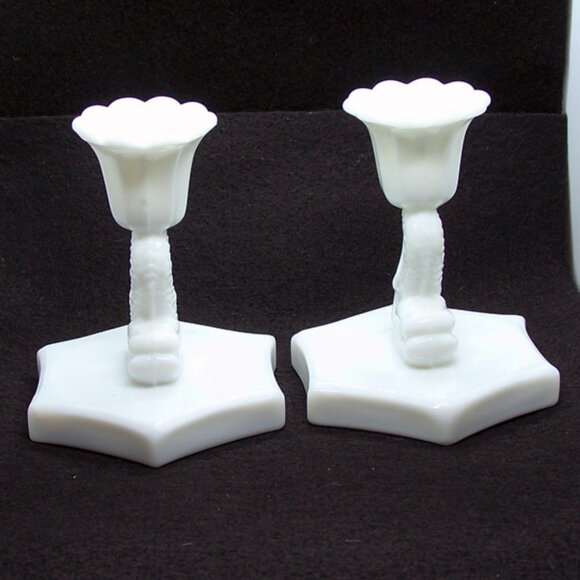 VTG - A pair of Milk Glass, Westmoreland Koi/Dolphin, Candlestick Holders - Picture 5 of 9